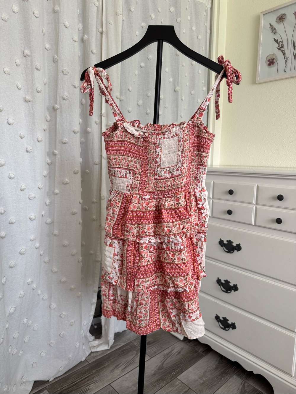 American Eagle Outfitters Red and White Patchwork Tie-Shoulder Mini Dress
